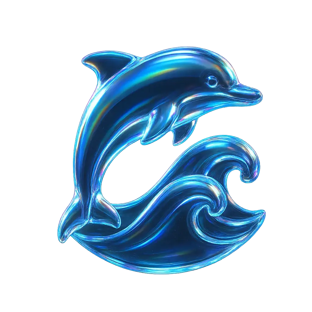 Iridescent Glass 3D Icon template dolphin with waves