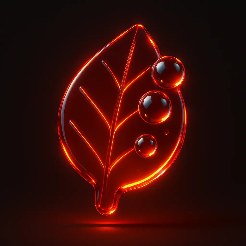 3D Glass-gel Icon template leaf with dew glowing red