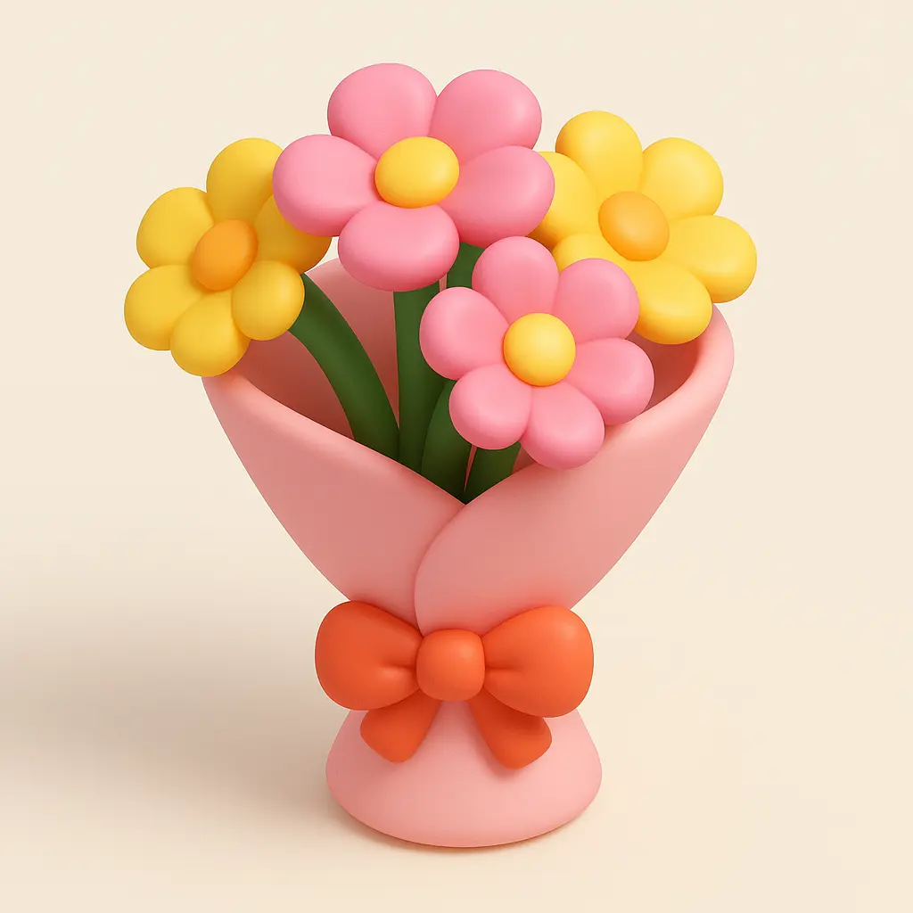 3D emoji icon template with pink flower bouquet