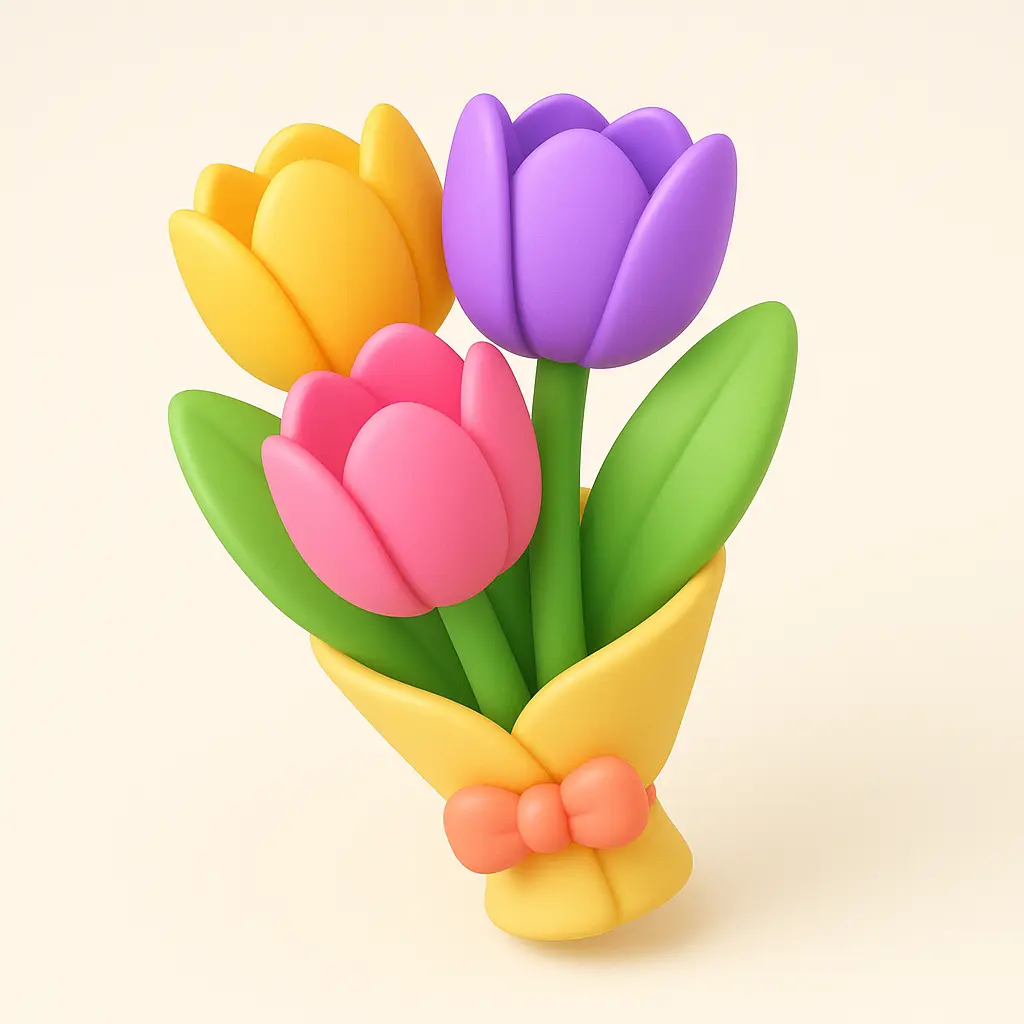 3D emoji icon template of colorful tulip bouquet
