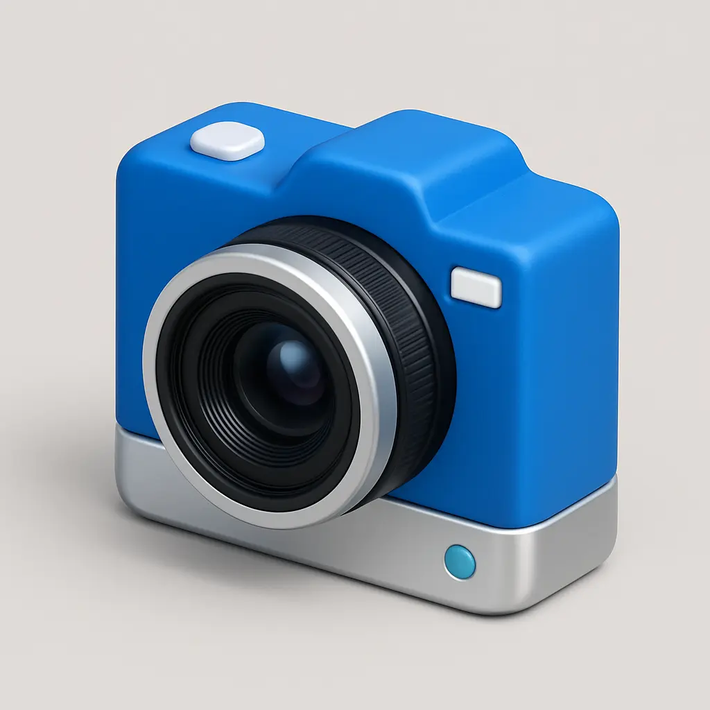 3D Blue Metal Icon template of a digital camera, clean design