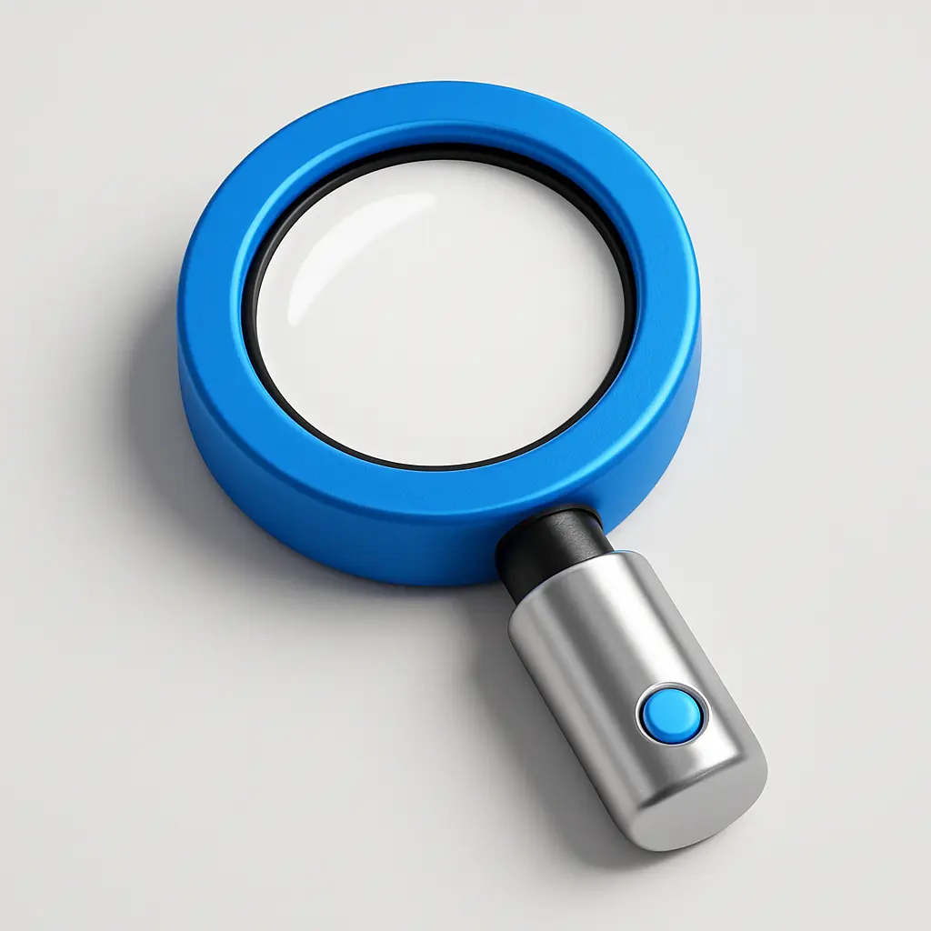 3D Blue Metal Icon template of a magnifying glass, isometric view