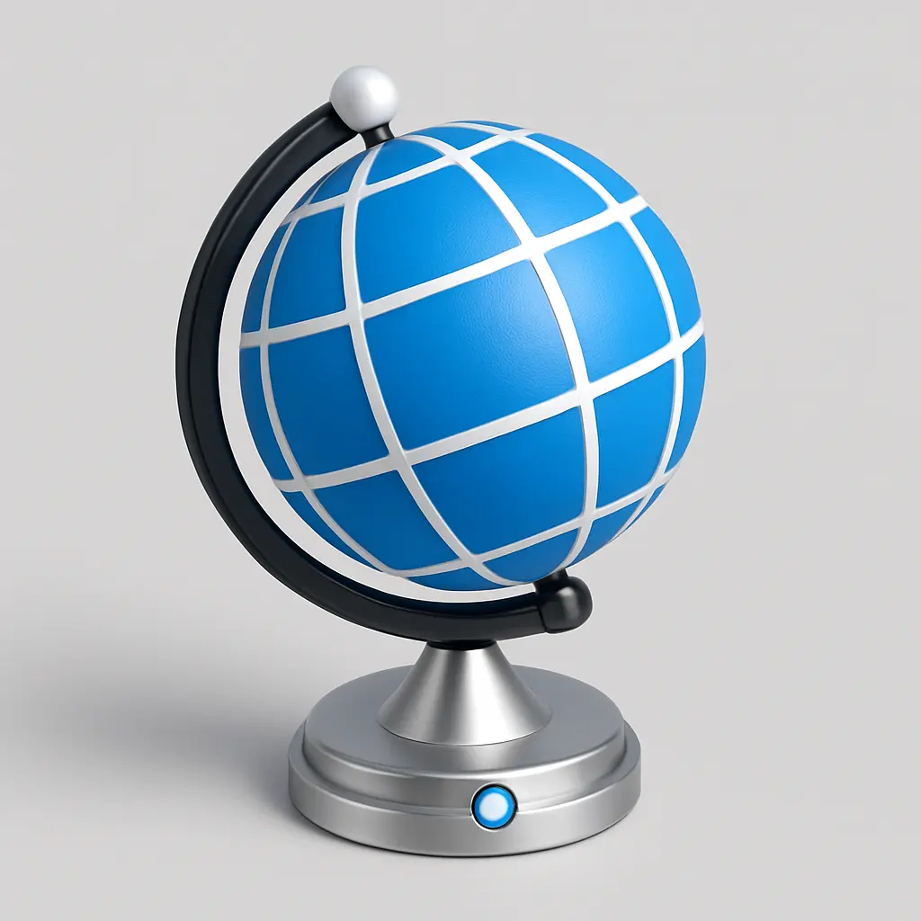 3D Blue Metal Icon template of a globe with stand, minimal