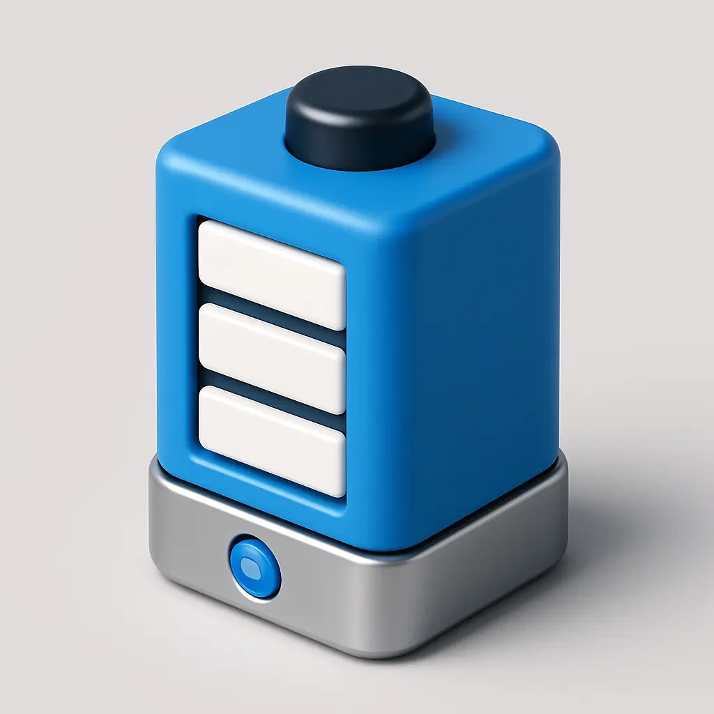 3D Blue Metal Icon template of a battery with level indicators