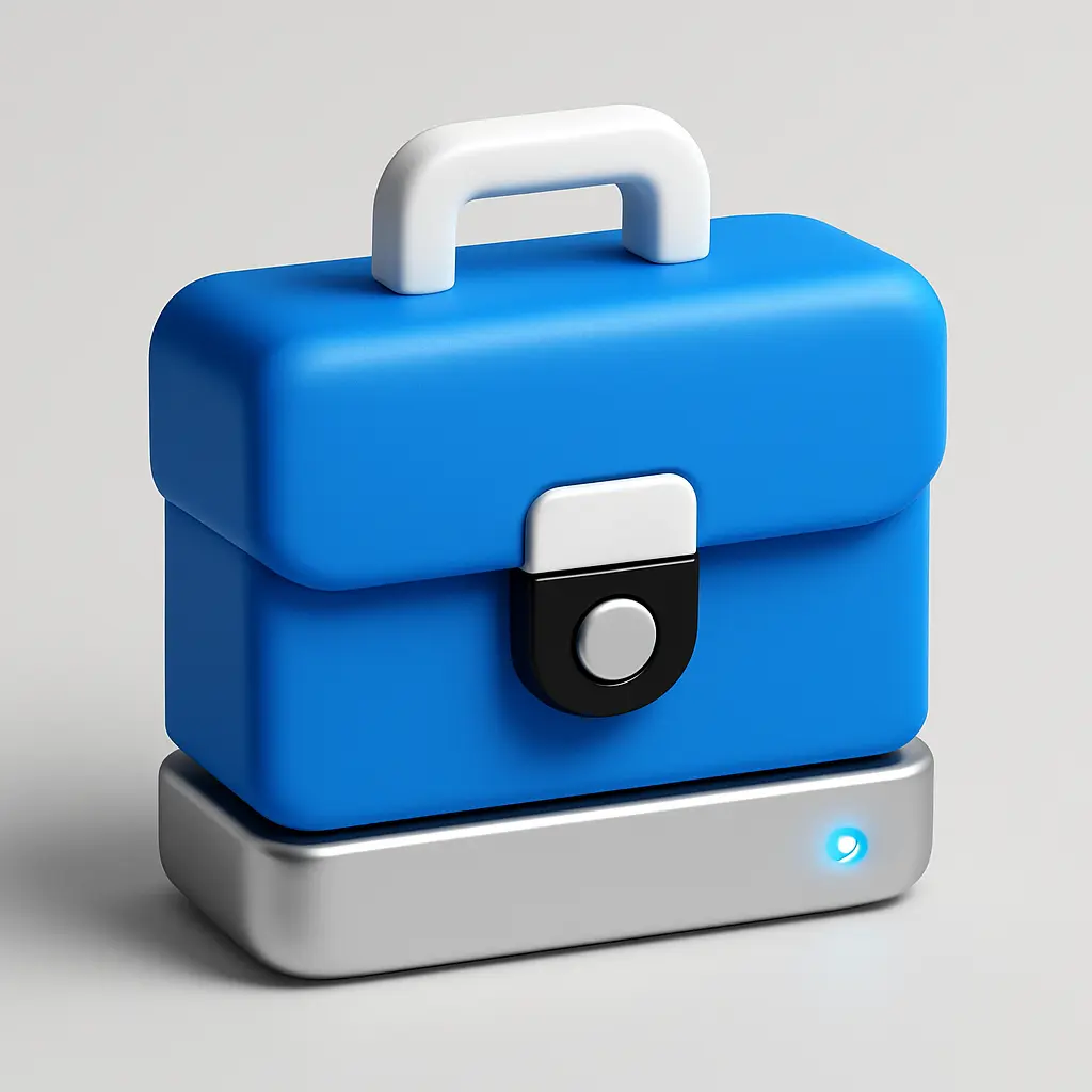3D Blue Metal Icon template of a briefcase, isometric, clean style