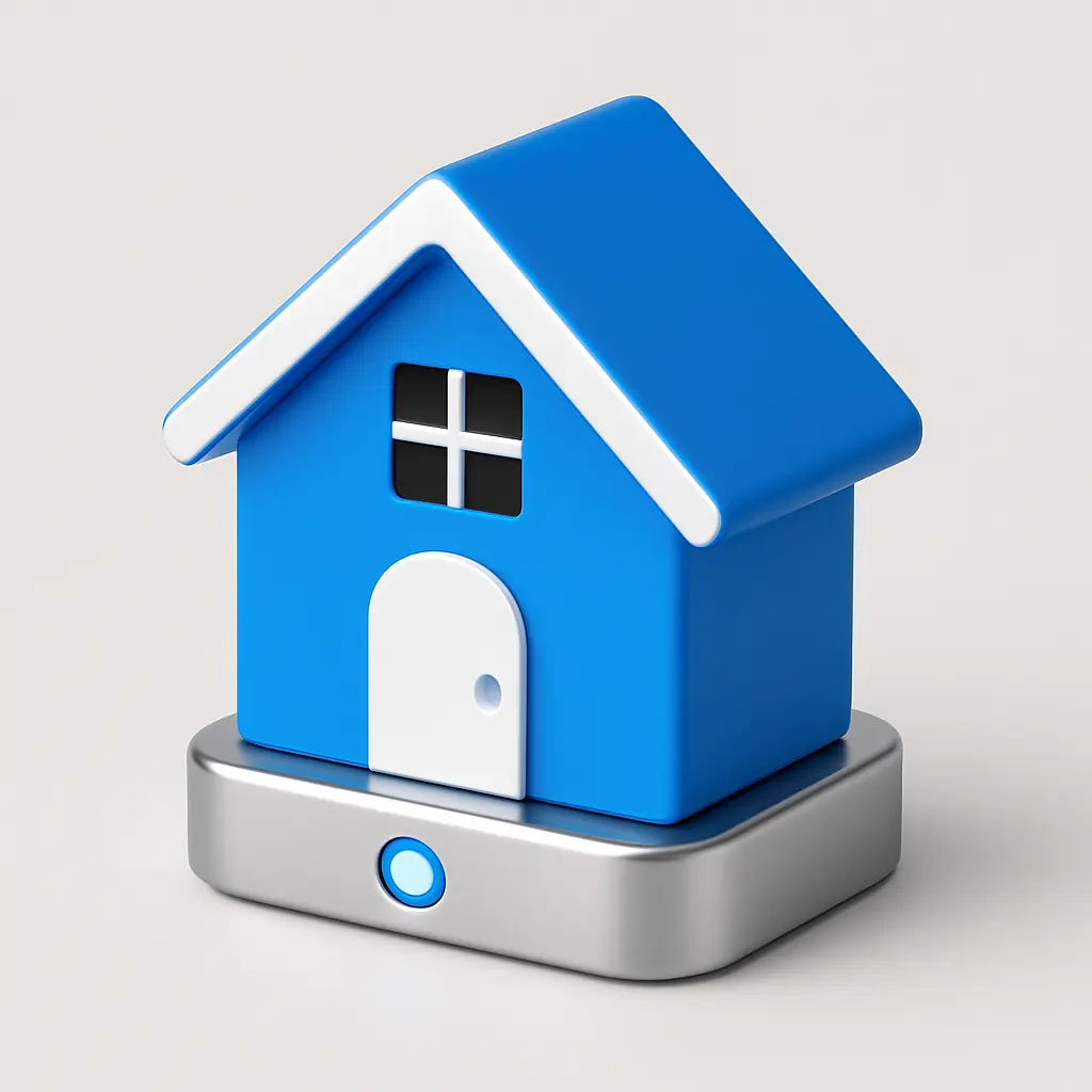 3D Blue Metal Icon template of a house with pitched roof