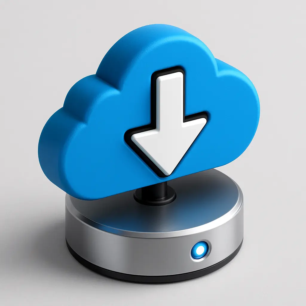 3D Blue Metal Icon template of a cloud download arrow