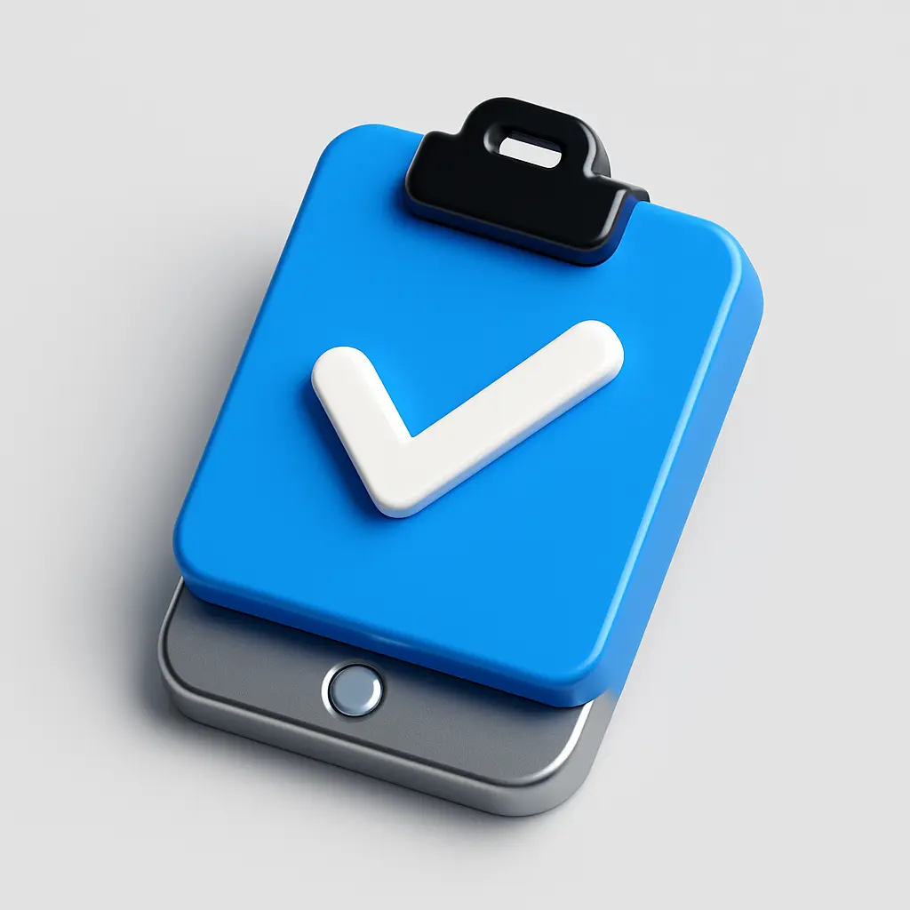 3D Blue Metal Icon template of a clipboard with checkmark