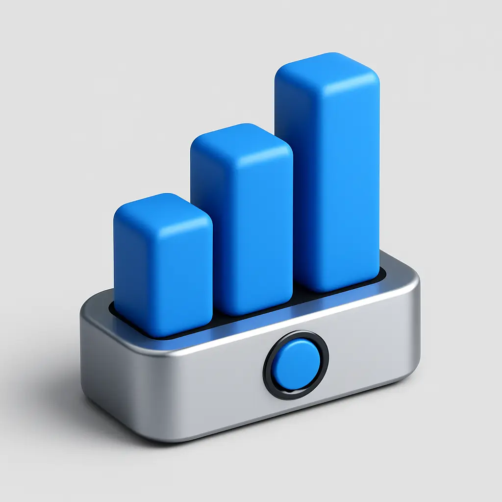 3D Blue Metal Icon template of a bar chart, three vertical bars
