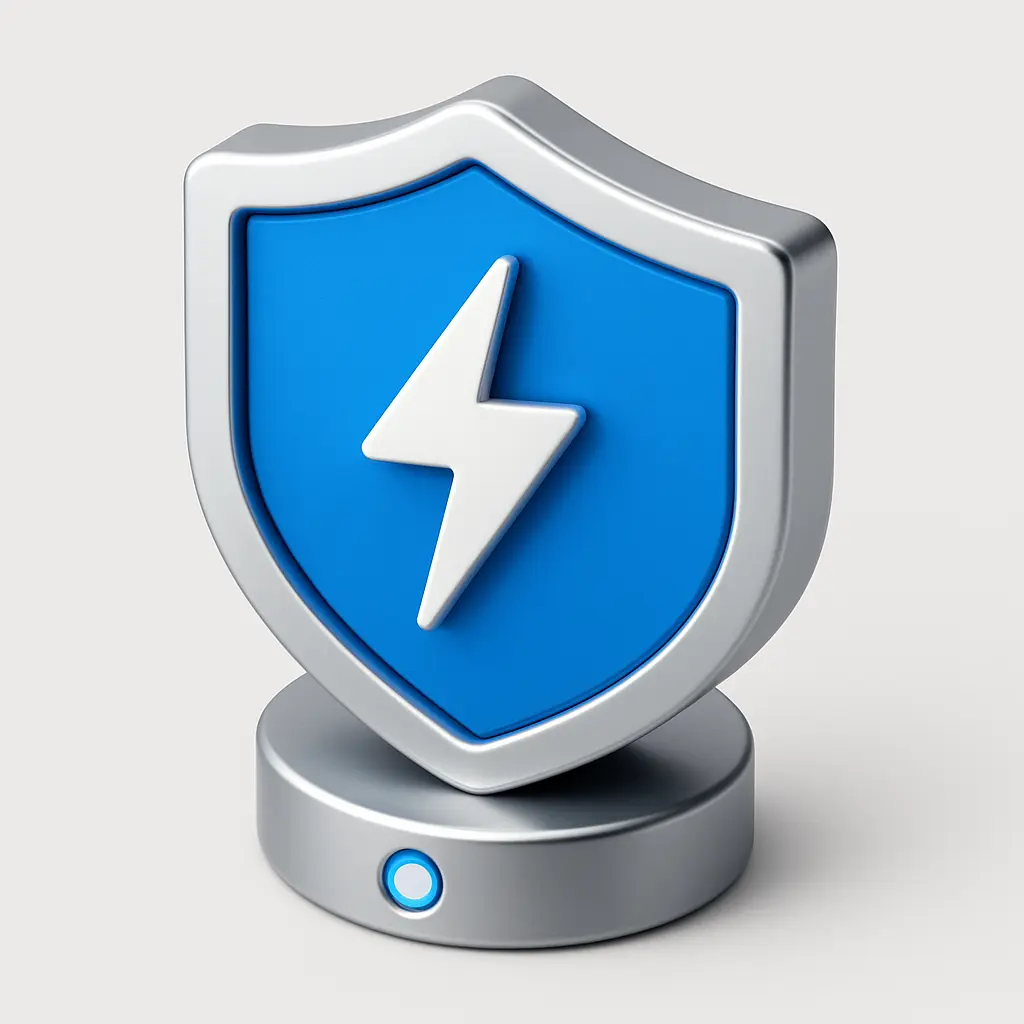 3D Blue Metal Icon template of a shield with lightning bolt