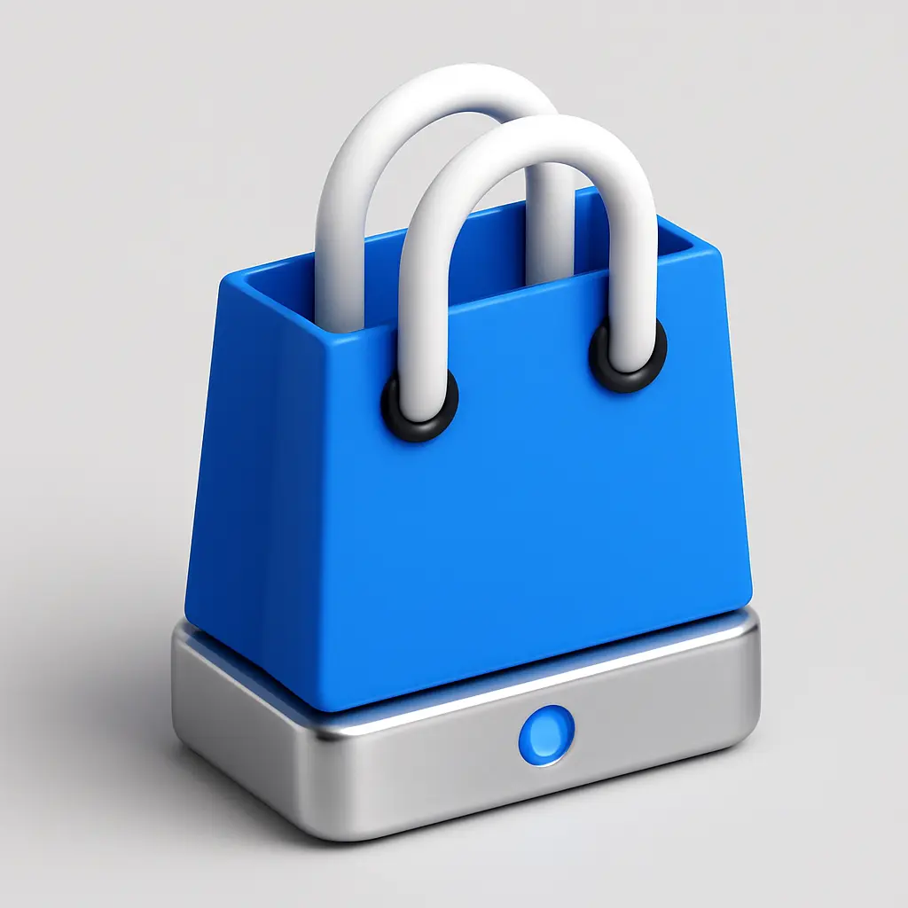 3D Blue Metal Icon template of a shopping bag, clean isometric