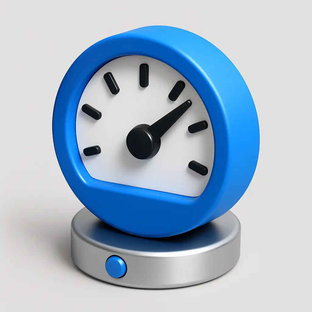 3D Blue Metal Icon template of a speedometer, single needle