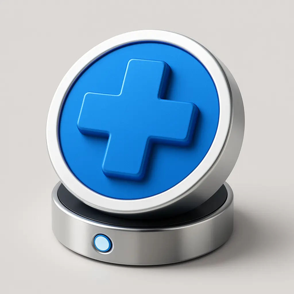 3D Blue Metal Icon template of a medical cross in circle