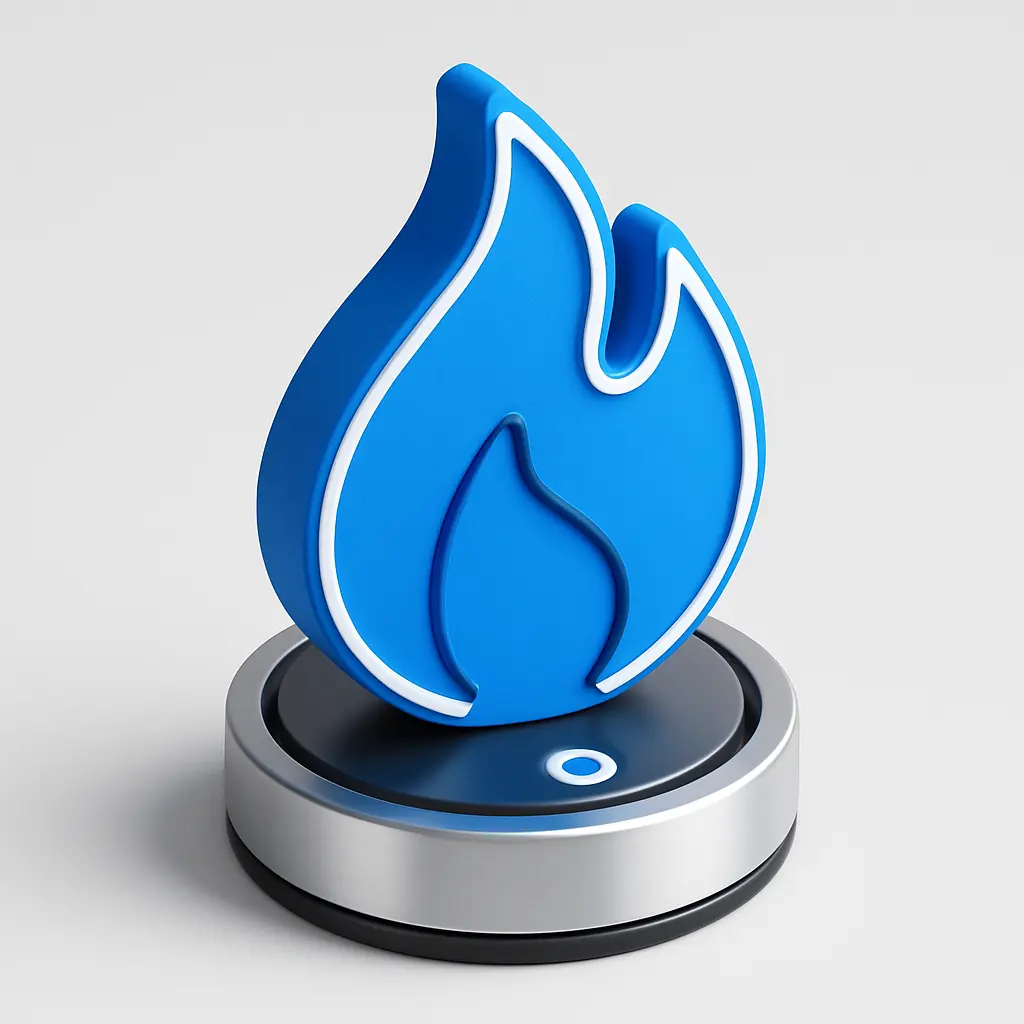 3D Blue Metal Icon template of a stylized flame, clean look