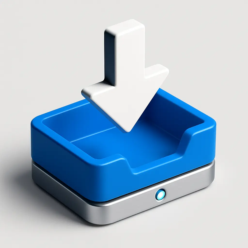 3D Blue Metal Icon template of a download tray, blue arrow