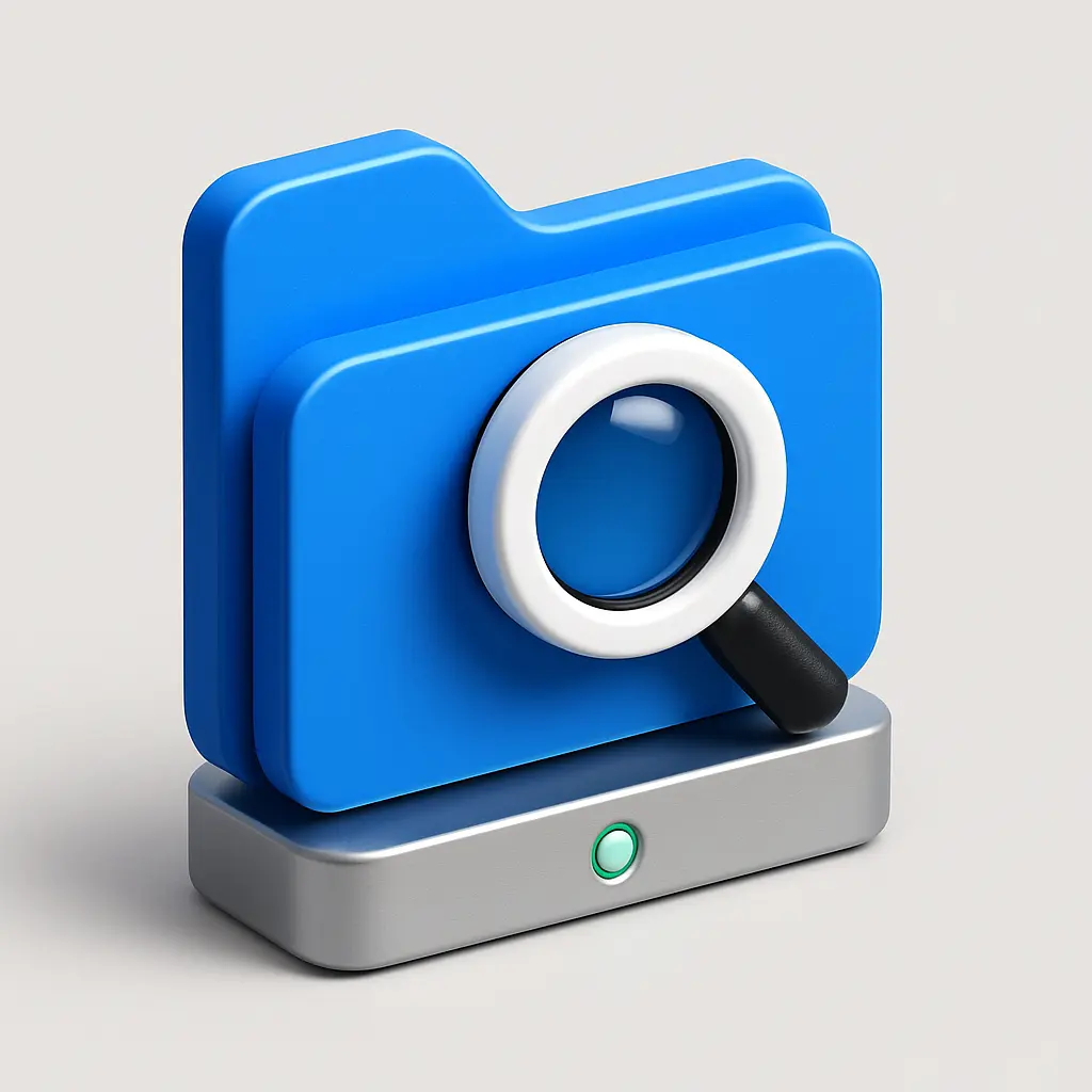 3D Blue Metal Icon template of a search folder, magnifier