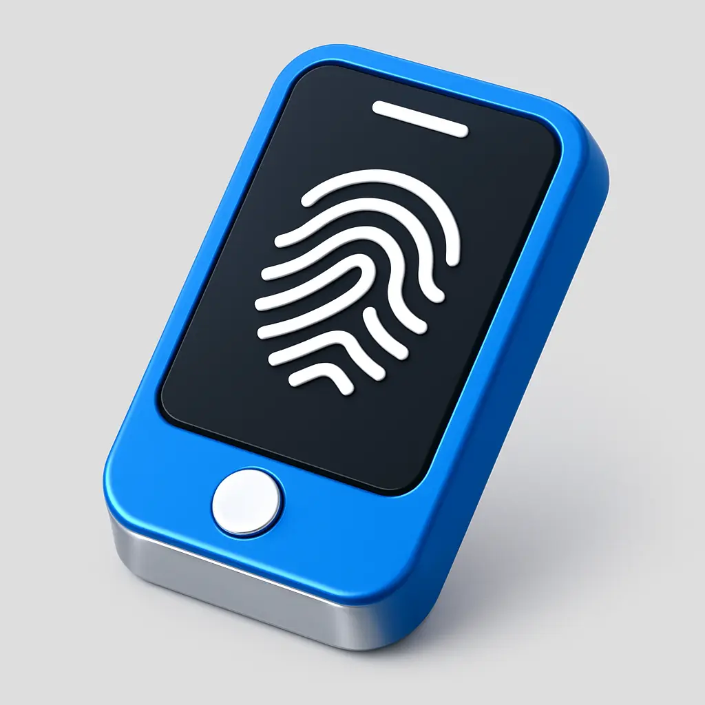 3D Blue Metal Icon template of a smartphone, fingerprint scanner