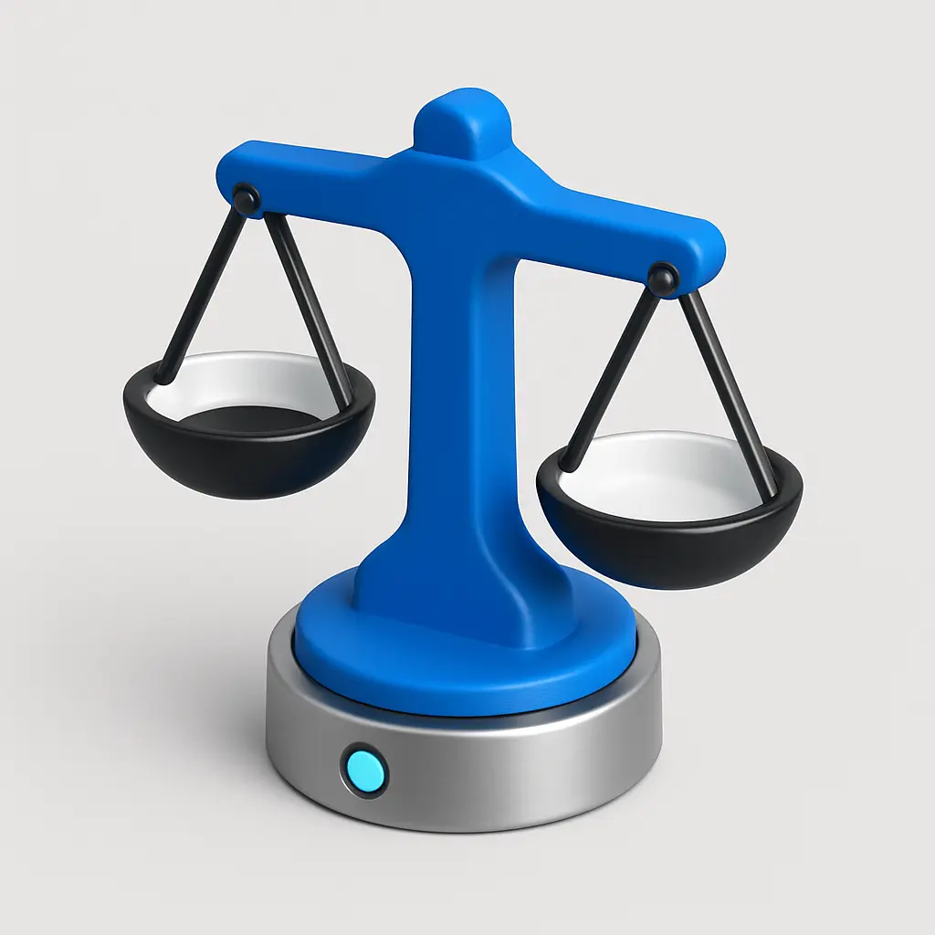 3D Blue Metal Icon template of a balance scale, isometric