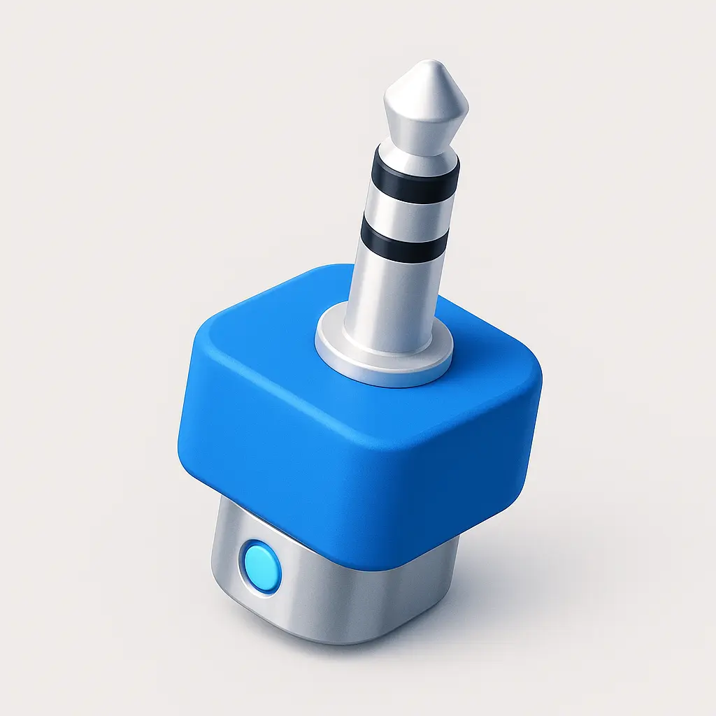 3D Blue Metal Icon template of a headphones jack plug, blue