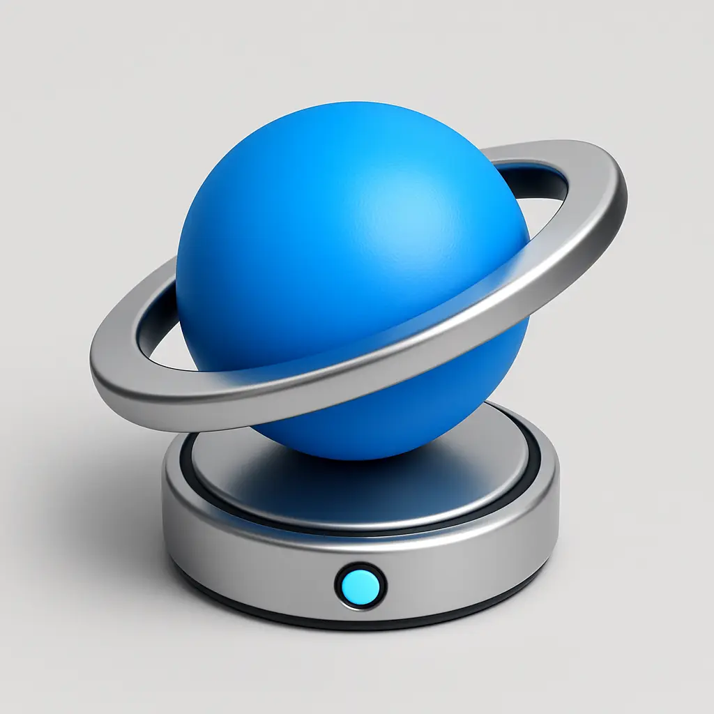 3D Blue Metal Icon template of a ringed planet, isometric style