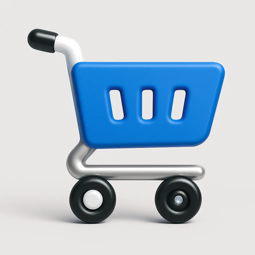 3D Blue Metal Icon template of a minimal shopping cart, isometric