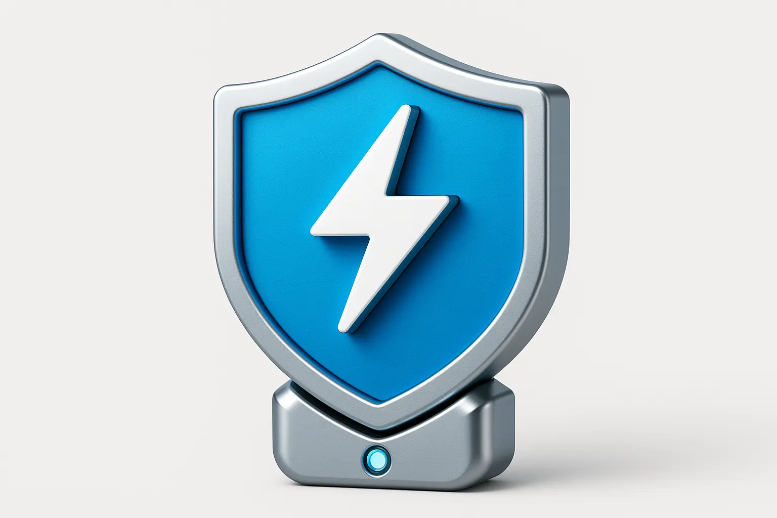 3D Blue Metal Icon template of a shield with lightning bolt