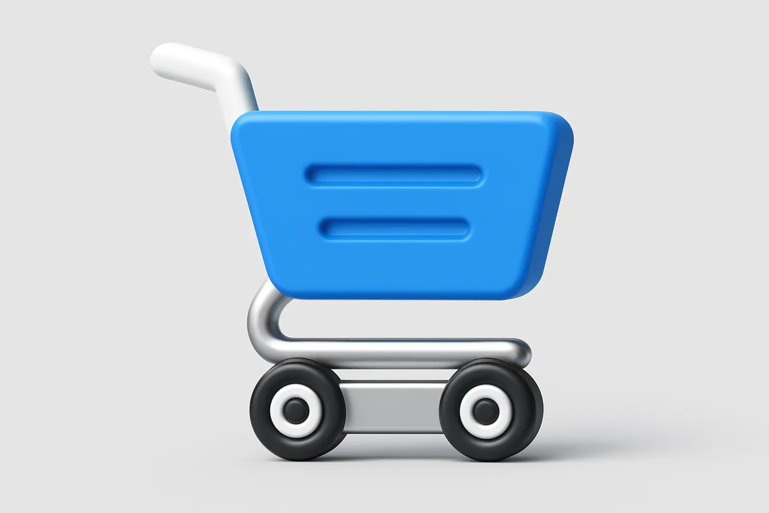 3D Blue Metal Icon template of a minimal shopping cart, isometric