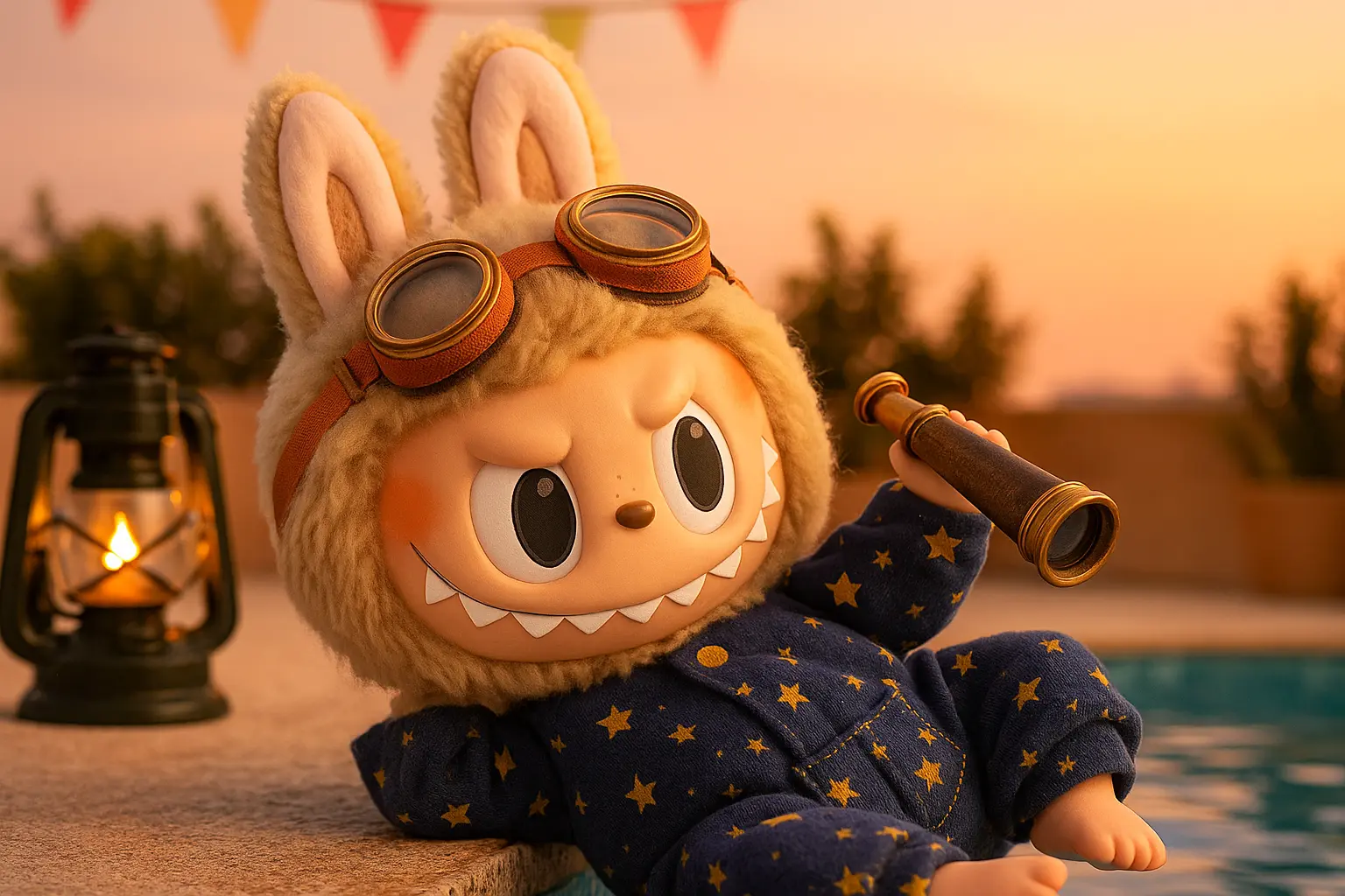 Labubu Wallpaper template featuring a cute plush figure with a mischievous grin, holding cotton candy near a pool.