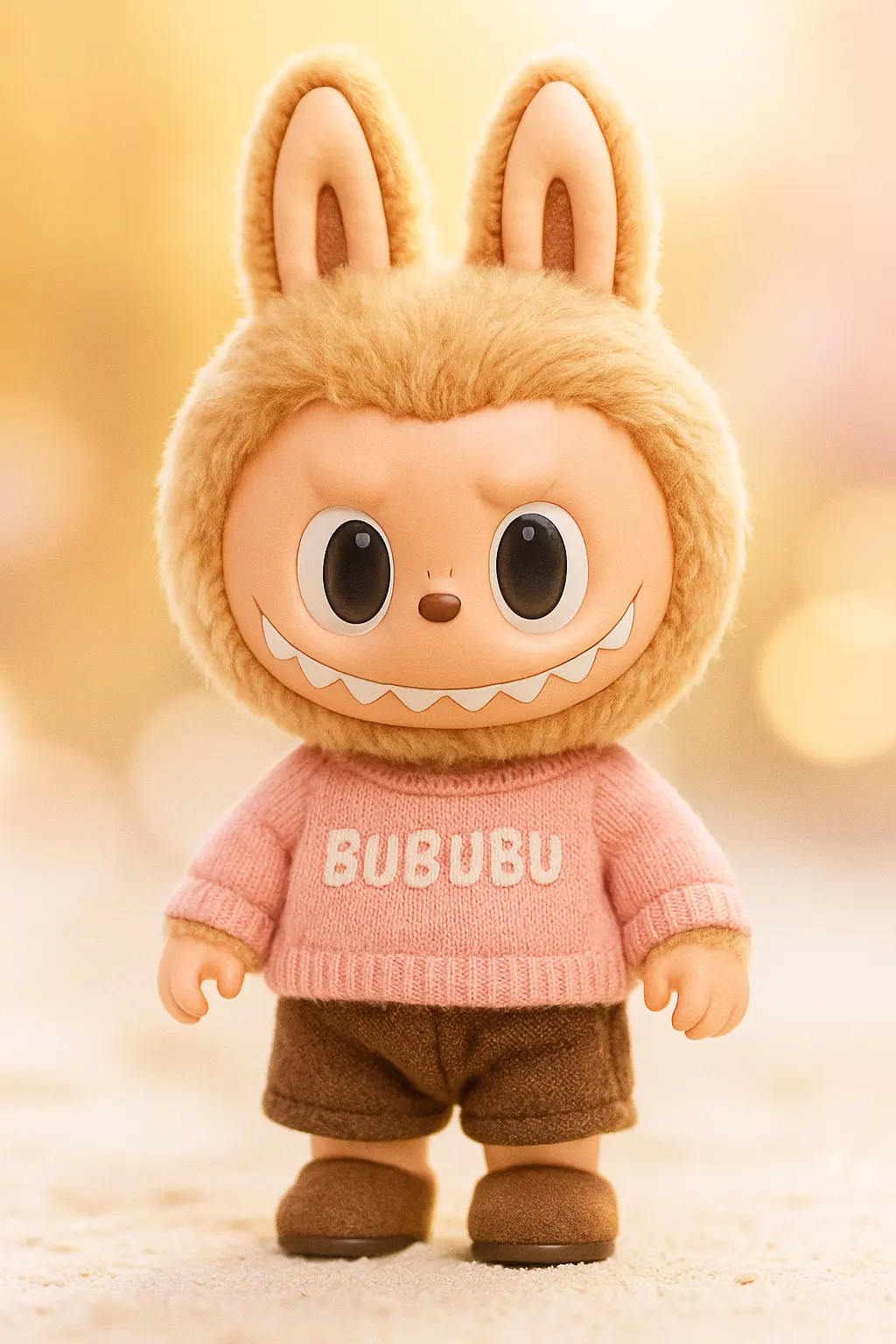 Labubu Wallpaper template with a fluffy white bunny figure in a forest