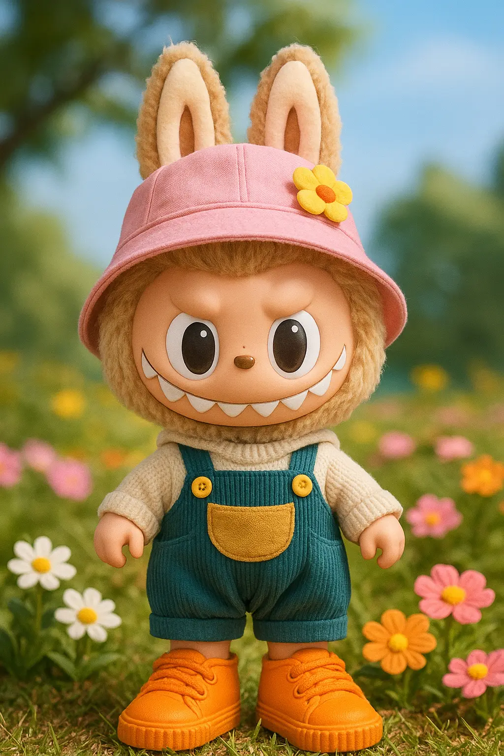 Labubu Wallpaper template featuring a joyful plush figure holding colorful toys