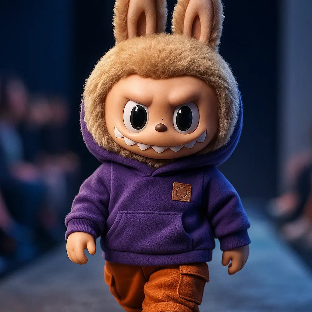 Labubu Wallpaper template featuring a toy figure with bunny ears, purple hoodie, and orange pants