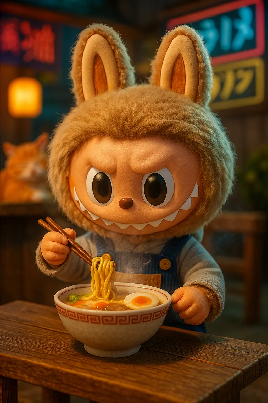 Labubu Wallpaper template with collectible figure eating ramen