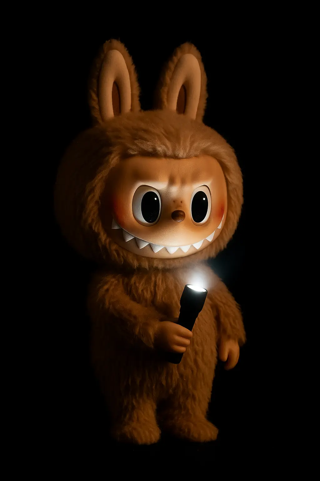 Labubu Wallpaper template with flashlight-lit bear costume design