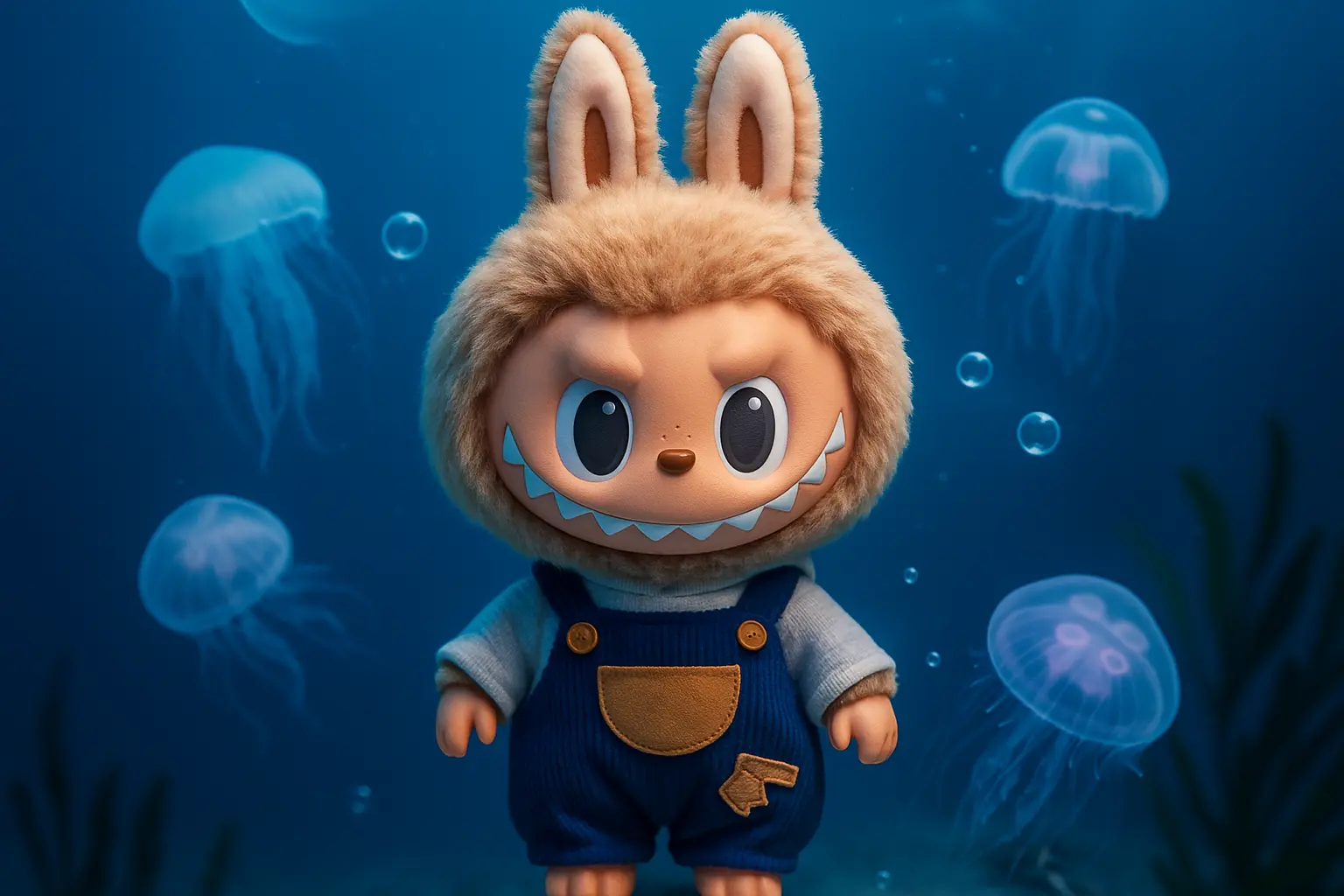 Labubu Wallpaper template, beach-themed character in bunny costume.