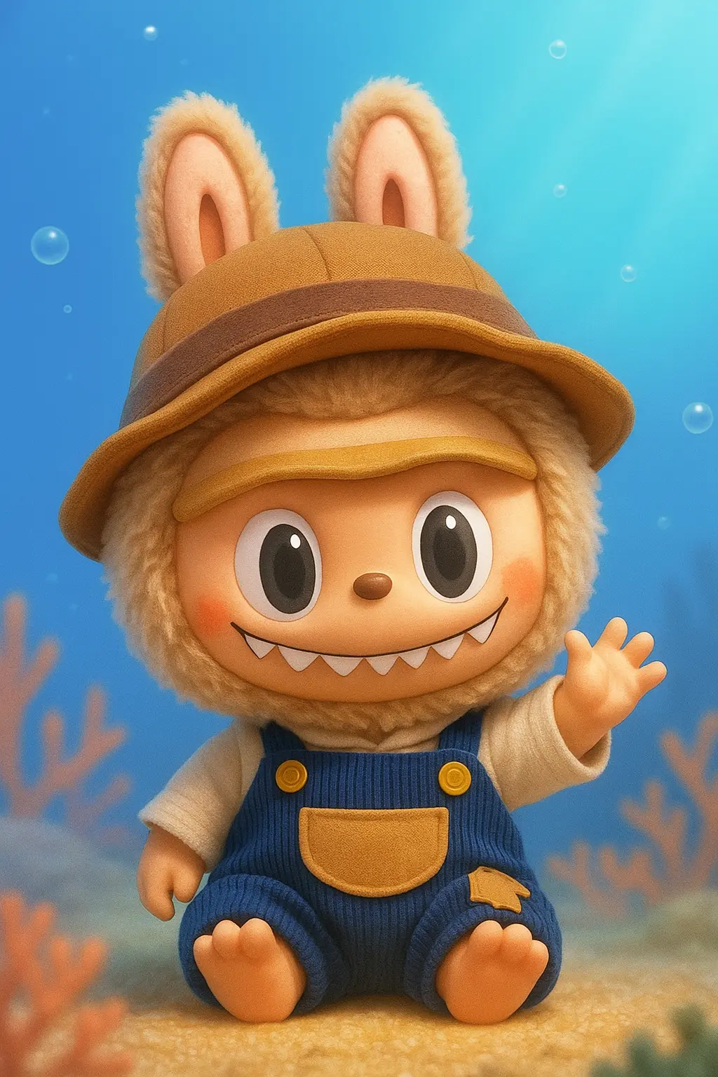Labubu Wallpaper template of a cute pirate figure on rocky terrain