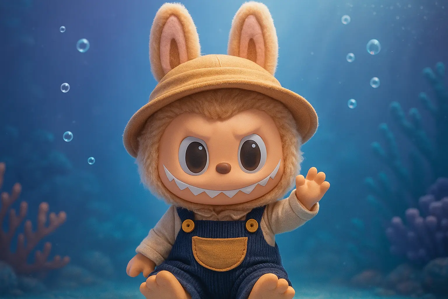 Labubu Wallpaper template featuring a plush bunny gamer in a pastel poolside setting
