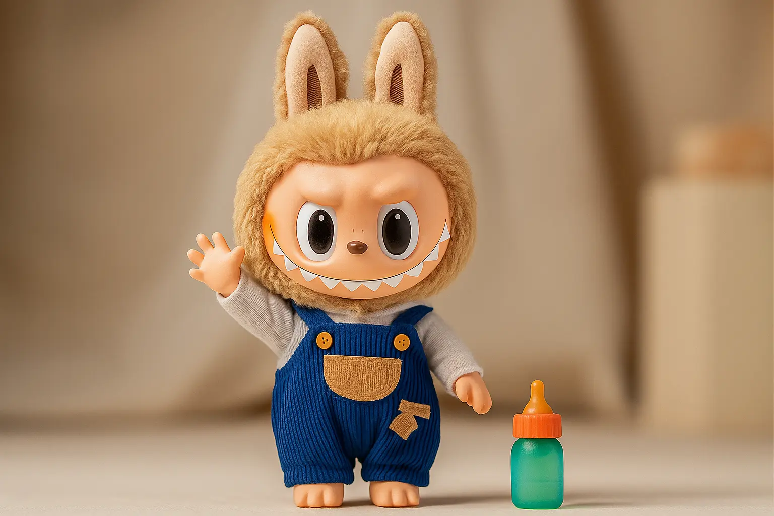 Labubu Wallpaper template with a plush bunny figure holding a mug at a poolside.
