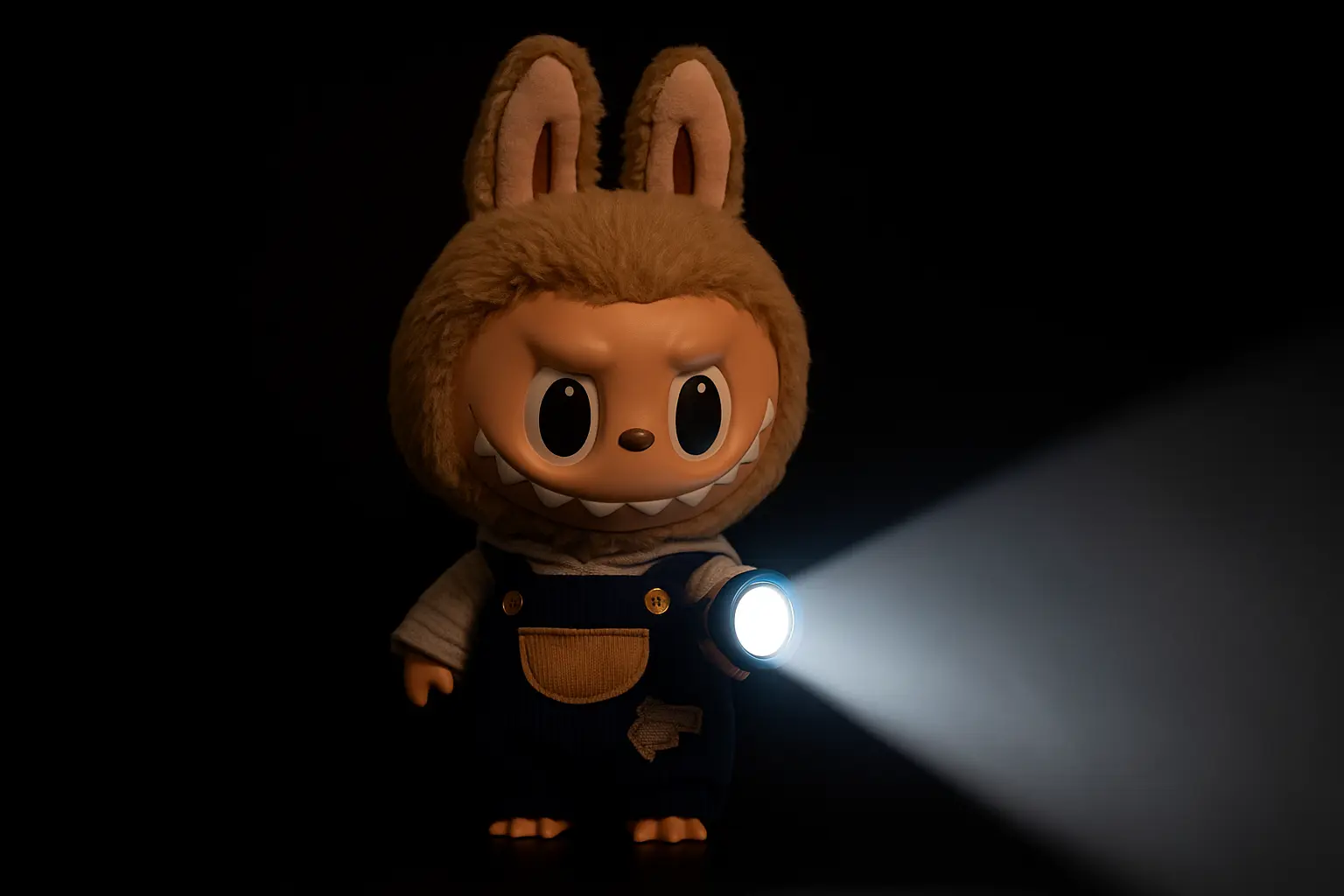 Labubu Wallpaper template, cute plush bunny figure holding a flashlight.
