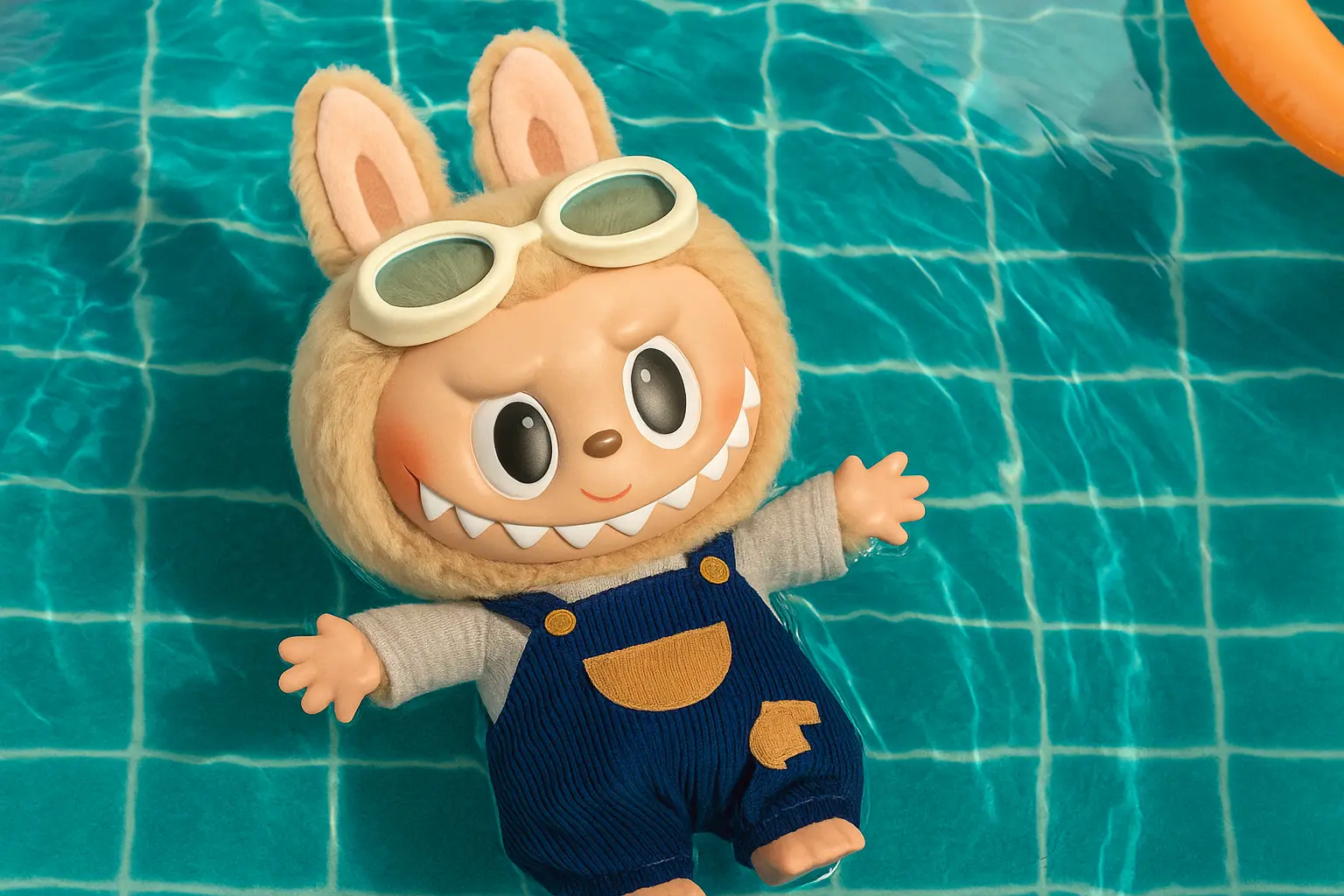 Labubu Wallpaper template, floating in a teal pool with bunny hoodie