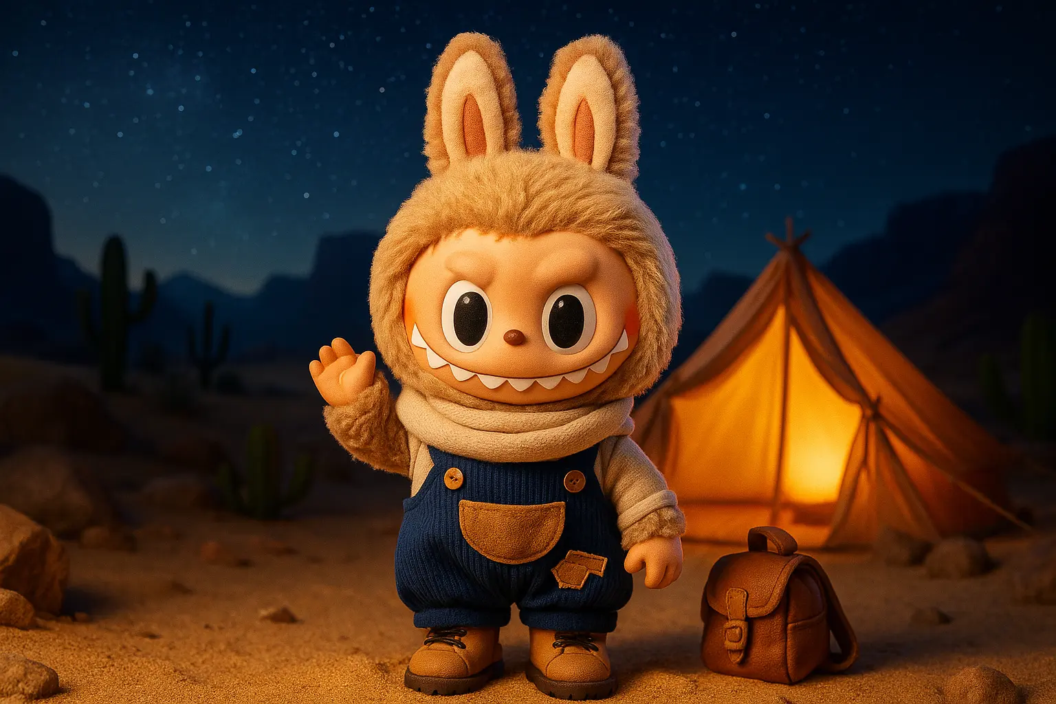 Labubu Wallpaper template, beach-themed character in bunny costume.